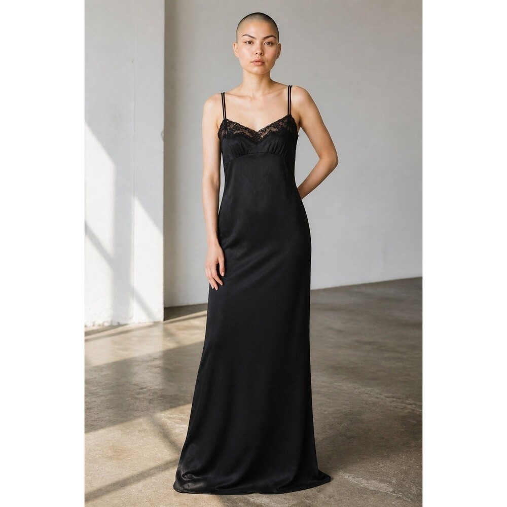 VTG Gilead Black Nylon Full Dress Slip Lace Bodice Sexy Shiny Maxi 32 Fairy